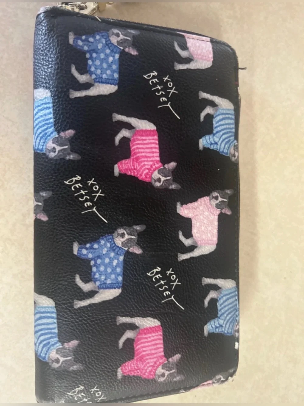 Betsey Johnson French Bulldog Zip Around Wristlet Wallet Black